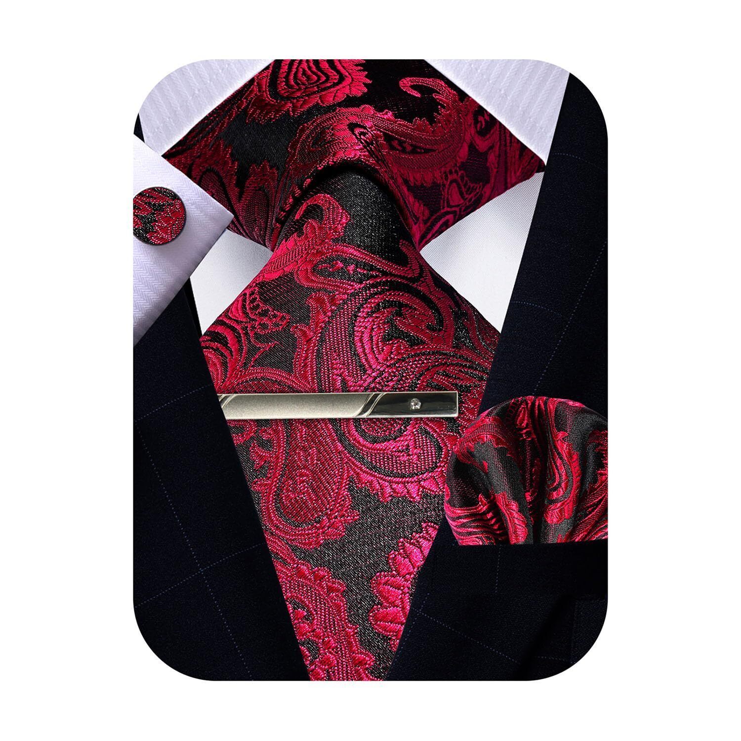 1450 Red Paisley Tie And Pocket Square Set Silk Necktie Handkerchief